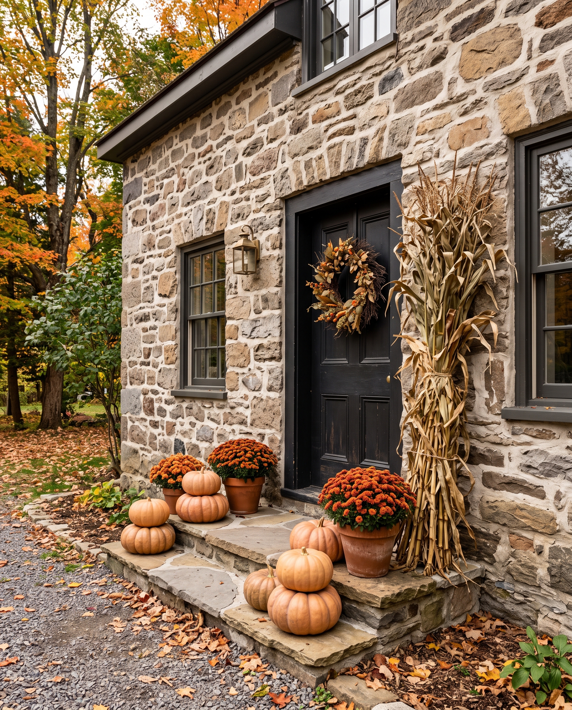 Historic fieldstone heritage home entrance with black door, autumn wreath, dried cornstalks, and stacked Fairytale pumpkins in Hudson